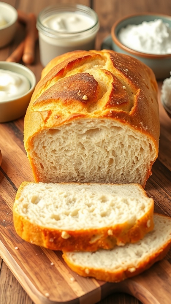 Sourdough Bread with Yogurt Recipe A golden crusted sourdough bread loaf sliced open, revealing a soft crumb, on a wooden board with yogurt in the background.
